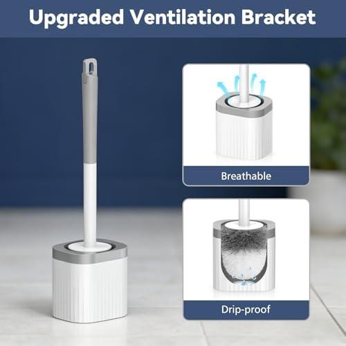 Toilet Brush, 2 Pack Compact Toilet Bowl Brush and Holder Set with Nylon Bristles Toilet Cleaner Brush Hidden Toilet Scrubber Brush for Bathroom Cleaning, Grey & White