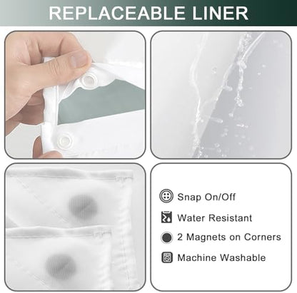 No Hook Shower Curtain and Liner for Bathroom, Ombre Dark Green, 71" x 74"