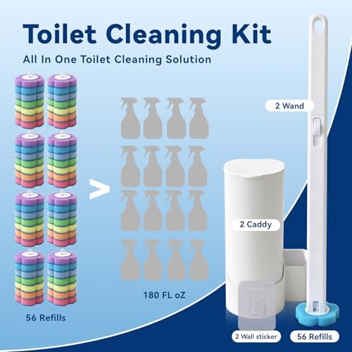 2-Pack Disposable Toilet Brush with 56 Refills, Toilet Cleaning System Starter Kit,Wall-Mounted Space-Saving Brush Set for Deep Bathroom, RV, and Home Cleaning