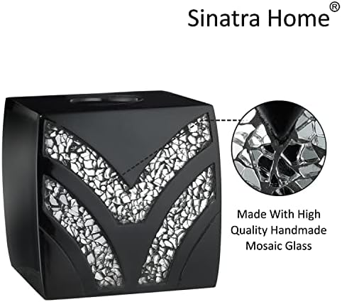 Zahari Home 2pc Sinatra Black Modern Bath Accessories Set Waste Basket & Tissue Box Modern Decorative Beautiful Designs Bathroom Decor Set for Home Luxury Bath Set Mosaic Glass