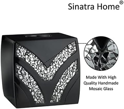 Zahari Home 2pc Sinatra Black Modern Bath Accessories Set Waste Basket & Tissue Box Modern Decorative Beautiful Designs Bathroom Decor Set for Home Luxury Bath Set Mosaic Glass