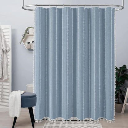 BTTN 54 x 72 Boho Farmhouse Linen Heavy Duty Cloth Shower Curtain Set, Blue