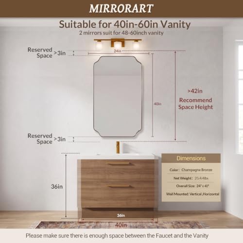 MIRRORART 24x40’’ Brushed Champagne Bronze Bathroom Mirrors for Wall