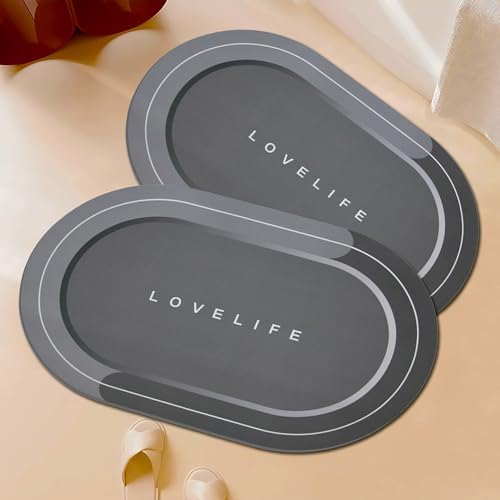 Rubber Bath mats Quick-Drying Non-Slip Bathroom mat Super Absorbent Bath mat Instant Dry Bath mat, Bathroom Rug in Front of The Kitchen Sink, Shower Room, Bathtub, Oval(2pcs Dark grey+16.9x26.7in)