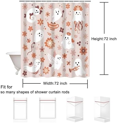 Cute Ghost Shower Curtain, 72 x 72 Inch Waterproof Polyester Bathroom Curtain with 12 Plastic Hooks, Pink Floral Halloween Bath Curtain for Tub Shower Decor