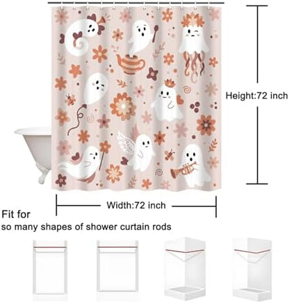 Cute Ghost Shower Curtain, 72 x 72 Inch Waterproof Polyester Bathroom Curtain with 12 Plastic Hooks, Pink Floral Halloween Bath Curtain for Tub Shower Decor