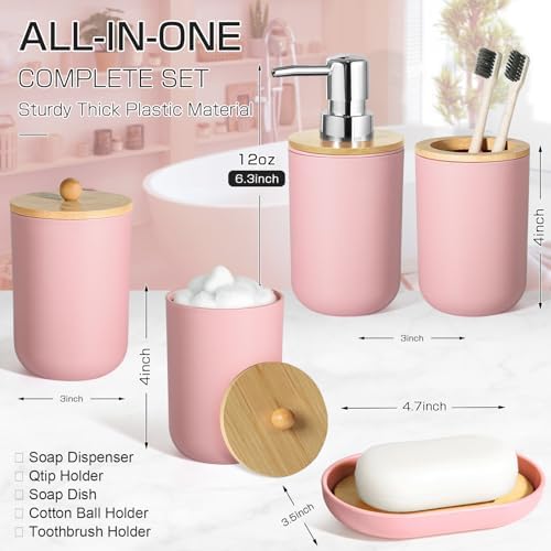 Pink Bathroom Accessories - 5 Pcs, Plastic Decor Set, Soap Dispenser, Toothbrush Holder, Soap Dish, Cotton Swab Jar, Boho Organizer