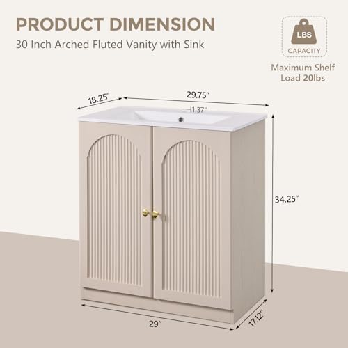 IFBUY 30 Inch Arched Bathroom Vanity with Sink, Modern Fluted Design, Cream