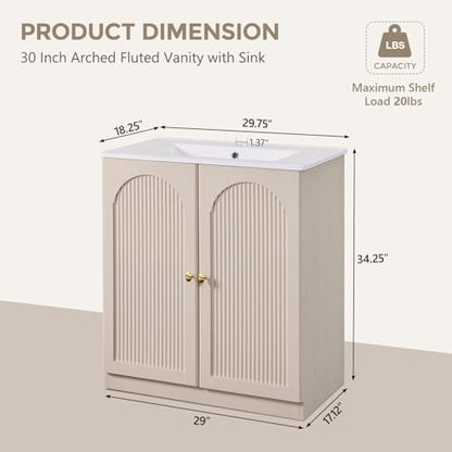 IFBUY 30 Inch Arched Bathroom Vanity with Sink, Modern Fluted Design, Cream