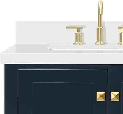 ARIEL Cambridge 72-inch Bathroom Vanity with Sink,Solid Wood, 1.5-inch Pure White Quartz Countertop, Double Rectangular Porcelain Sink, 4 Soft Closing Doors, 6 Dovetail Drawers, Midnight Blue