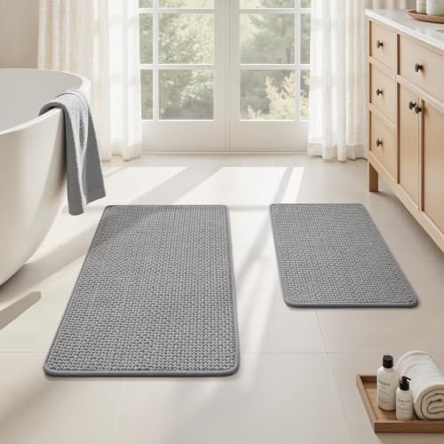 HOMEIDEAS Bathroom Rugs Set 2 Piece Thin Non Slip, Grey 17"x24"+20"x32"