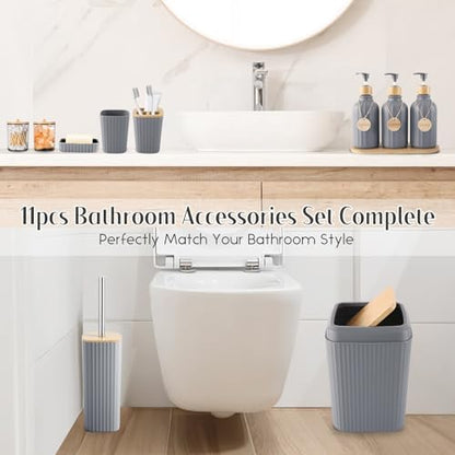 Grey Bathroom Accessories Set 17PCS Bathroom Set with Trash Can 3PCS Lotion Soap Dispenser, Toothbrush Holder, Soap Dish,Tumbler Cup,6PCS Wood Tags Bath Accessories with Tray for Bathroom