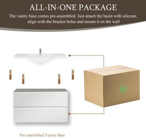 KEIKI 36'' Wall-Mounted Bathroom Vanity with Sink - Floating Design, 2 Soft-Close Drawers & Resin Basin, Space-Saving for Small Bathrooms, Glossy White