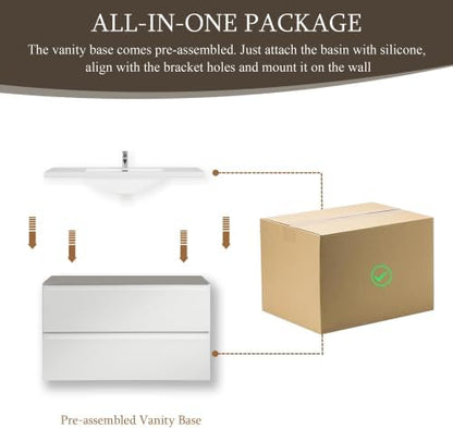 KEIKI 36'' Wall-Mounted Bathroom Vanity with Sink - Floating Design, 2 Soft-Close Drawers & Resin Basin, Space-Saving for Small Bathrooms, Glossy White