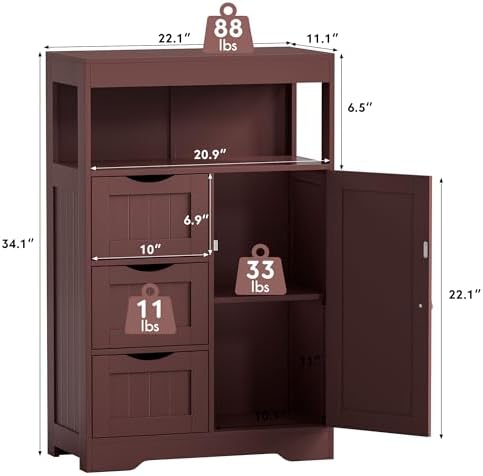 JUMMICO Bathroom Floor Cabinet, Wooden Free-Standing Storage Organizer with 1 Door and 3 Drawers, Bathroom Storage Cabinet for Living Room/Kitchen/Hallway/Home Office (Espresso, 3 Drawers)