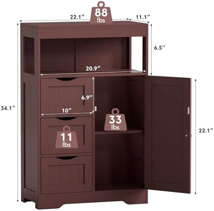 JUMMICO Bathroom Floor Cabinet, Wooden Free-Standing Storage Organizer with 1 Door and 3 Drawers, Bathroom Storage Cabinet for Living Room/Kitchen/Hallway/Home Office (Espresso, 3 Drawers)