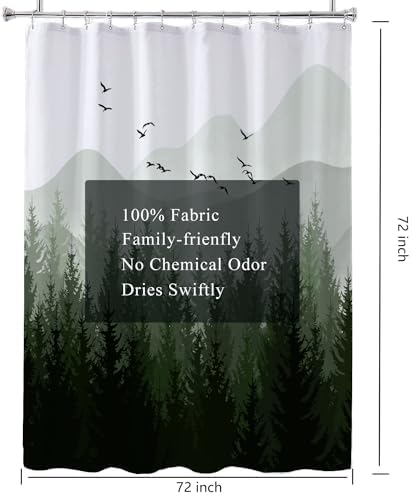 LLSCL Fabric Shower Curtain Liner with Magnets, Green Forest Waterproof Hotel Quality, 72 x 72 Machine Washable