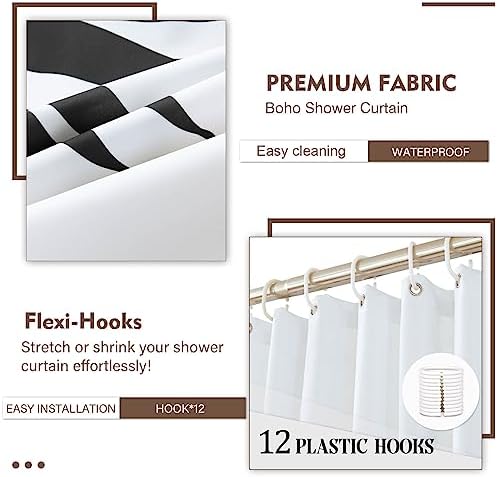 Boho Mid Century Leaf Shower Curtain Set,Arch Sun Design,Minimalistic Leaves Pattern,Waterproof and Luxurious Fabric-12 Hooks(Black and White-72" x 72")