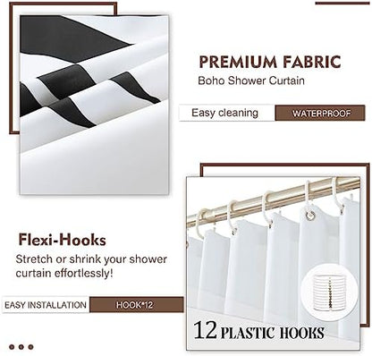 Boho Mid Century Leaf Shower Curtain Set,Arch Sun Design,Minimalistic Leaves Pattern,Waterproof and Luxurious Fabric-12 Hooks(Black and White-72" x 72")