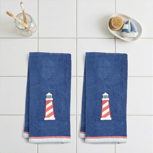 Ritz 2-Piece Cotton Velour Bathroom Hand Towel Set, Embroidered Lighthouse Design, Soft Navy Blue Nautical Decorative Towels for Lake House, Coastal, Beach Home Decor, 16” x 26”