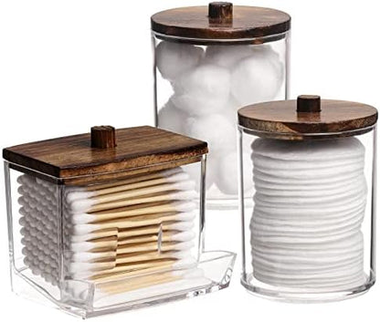 Tbestmax 3 Pack Qtips Holder Bathroom Container, 10 oz Cotton Ball/Swabs Dispenser, Apothecary Jar Organizer for Storage Brown Wood Lids