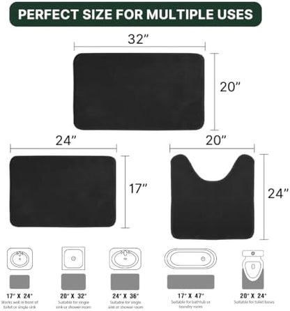H.VERSAILTEX Bath Mat Memory Foam Set Bathroom Rug Set Flannel Velvety Extra Soft and Absorbent Non Slip Rugs for Bathroom/Bedroom Washable(20"x 32" + 17"x 24" + 20"x 24"U-Shaped, Black)