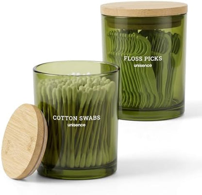 2 Pack Glass Qtip Holder Dispenser Set - Q Tip Holder for Bathroom Canister Qtip Dispenser with Lid for Cotton Balls, Swabs, Floss Picks, and Makeup Sponges ,Olive Green,Large Capacity