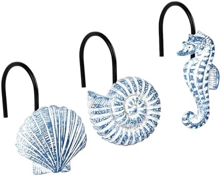 Sunlit Seashells Decorative Shower Curtain Hooks, Sky Blue Ocean Creatures Coastal Shower Curtain Rings with Black Hooks, Resin, Nautical Bathroom Decoration Beach Shower Curtain Hooks, Set of 12