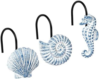 Sunlit Seashells Decorative Shower Curtain Hooks, Sky Blue Ocean Creatures Coastal Shower Curtain Rings with Black Hooks, Resin, Nautical Bathroom Decoration Beach Shower Curtain Hooks, Set of 12