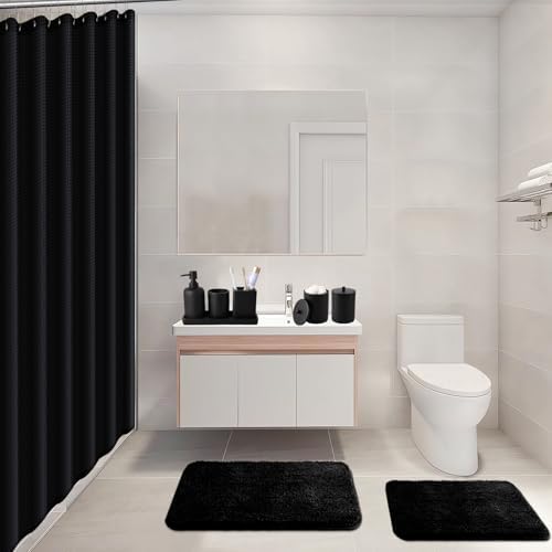 XLHOMO Black Bathroom Accessory Set with Shower Curtain and Rugs, Resin