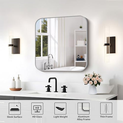 FORBATH Bathroom Mirror for Over Sink 24x24 Inch Silver, Square Wall Mirror with Metal Frame, Rounded Corners for Bathroom, Bedroom, Entryway Decor (Horizontal or Vertical)
