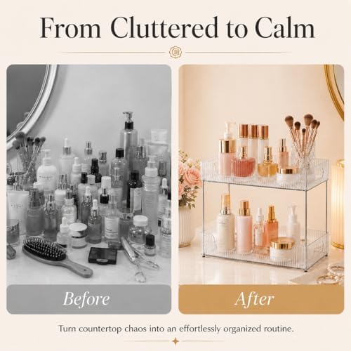 Goderewild 2-Tier Bathroom Counter Organizer, Multi-Purpose Cosmetics Skincare Shelf, Fits A4 Size Makeup Organizer for Office and Vanity Tray, Countertop Storage Solution for Kitchen,Bath.(Clear)
