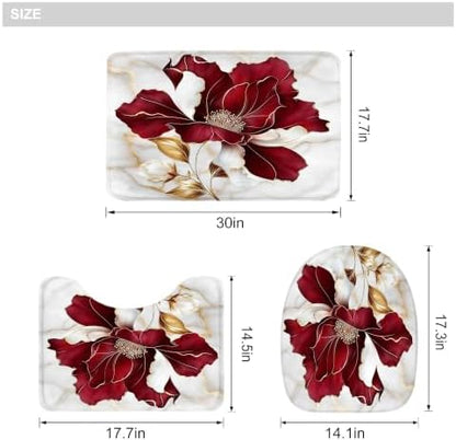 Burgundy Red Maroon Marble Floral 4Pcs Bathroom Shower Curtain Set with Rug