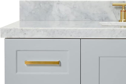 Emilia 48-Inch Bathroom Vanity with Sink — Grey Single Sink Bathroom Vanity, 1.5" Edge Italian Carrara Marble Top, Solid Wood, 2 Soft Closing Doors, 9 Dovetail Drawers