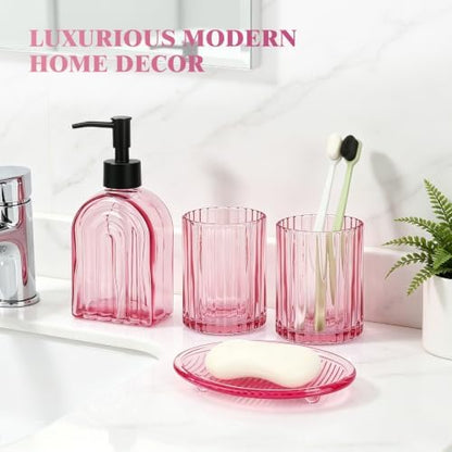 Bathroom Accessories Set, 4Pcs Glass Bathroom Accessories Set Complete, 13.5OZ Lotion Soap Dispenser, Toothbrush Holder, Mouthwash Cup, Soap Dish for Bathroom Decor, Countertop Organizer (Pink)