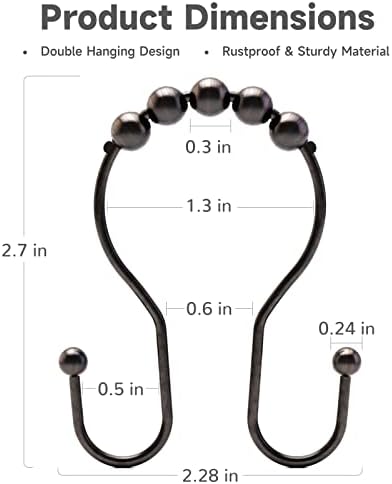 Bathway Shower Curtain Hooks Bronze Shower Curtain Rings Rust Proof Double Hook Shower Curtain Hooks, 12 Pcs Shower Hooks for Shower Curtain, Shower Rings for Curtain Bathroom, Metal Shower Rod Hooks