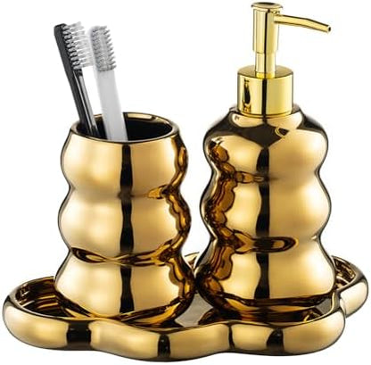 Gold Bathroom Accessory Set, 3-Piece Gold Ceramic Bath Accessories Set with Tray, Lotion Dispenser, and Tumbler for Luxurious Bathroom Decor