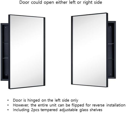 TEHOME Recessed Mount 16x26'' Squared Rectangle Matt Black Bathroom Medicine Cabinet with Mirror Black Metal Framed Rectanglular Medicine Cabinet 2 Adjustable Glass Shelves