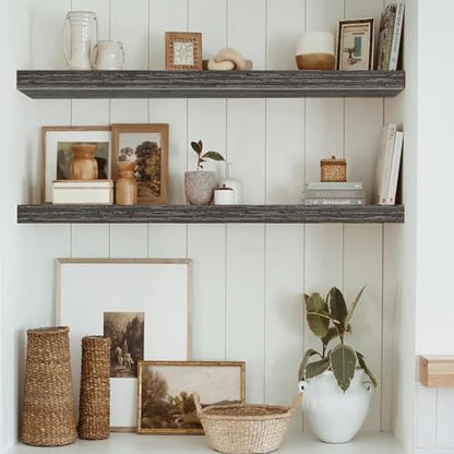 QEEIG Floating Shelves for Wall 35.4" Long - Wall Mounted Shelf Bathroom Kitchen Living Room Bedroom Farmhouse Home Decor Display Bookshelf Large 35.4 x 9.3 inch Set of 2, Grey (008-90GY)