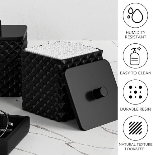 Bathroom Accessories Set Resin 6PCS, Square Toothbrush Holders Set Complete with Soap Dispenser, Vanity Tray, Tumbler, Cups and Cotton Swab Jars (Black Diamond, Resin Bath 6 PCS)