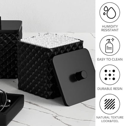 Bathroom Accessories Set Resin 6PCS, Square Toothbrush Holders Set Complete with Soap Dispenser, Vanity Tray, Tumbler, Cups and Cotton Swab Jars (Black Diamond, Resin Bath 6 PCS)