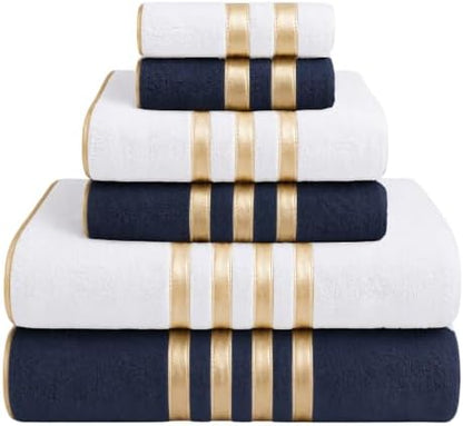 6-PCS Coral Fleece Microfiber Towel Set with Gold Stripes, Super Absorbent, Multiple Colors Available for Home, Bathroom, Hotel & Gym (6, White+Dark Grey)
