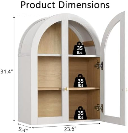 Bathroom Arched Wall Cabinet, 23.5'' Wide Medicine Cabinet, Bathroom Cabinet Wall Mount with Glass Doors & Adjustable Shelves, Over The Toilet Storage Cabinet for Laundry Room, Bedroom,Kitchen, White