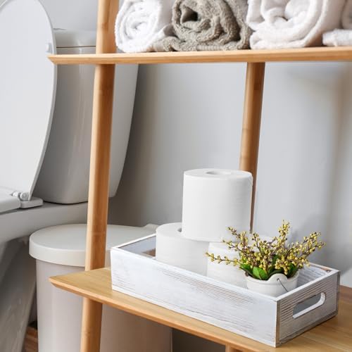 ALELION White Bathroom Basket - Wooden Toilet Tank Paper Basket with Handle for Organizing - Back of Toilet Storage Organizer for Bathroom Tank Topper Counter