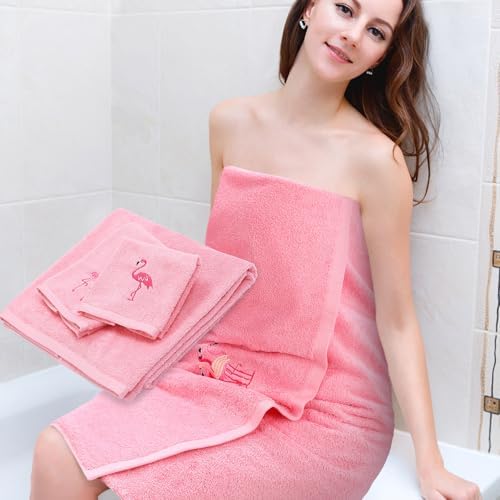 3 Pcs Flamingo Bathroom Towel Set Farmhouse Embroidered Flamingo Towels Vintage Decorative 100% Cotton Bath Towel Highly Absorbent Elegant Summer Decor Set for Bathroom