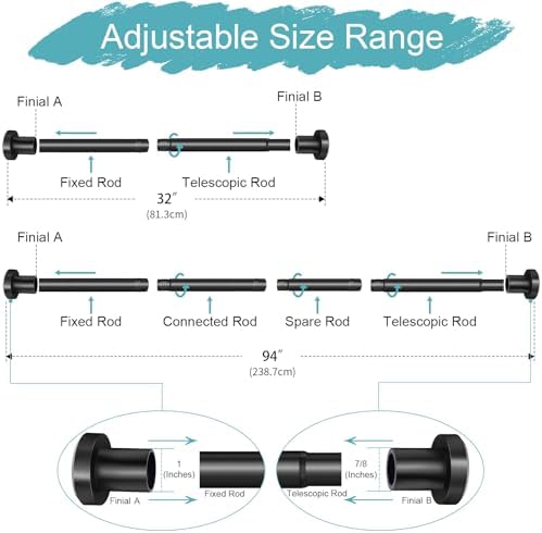 YNL Black Shower Curtain Rod 32-94 Inch(2.7-7.8ft), Non-Slip, Never Rust, Stainless Steel No Drill Spring Tension Shower Rod, Adjustable Long Curtain Rod for Bathroom Window Patio