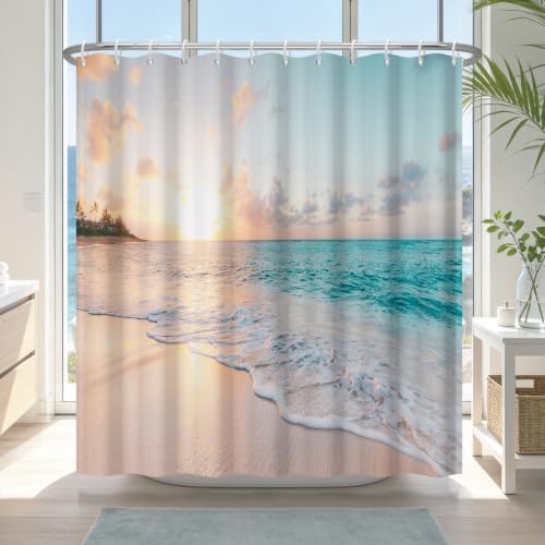 Ocean Theme Waterproof Beach Shower Curtain with Weighted Hem and 12 Hooks