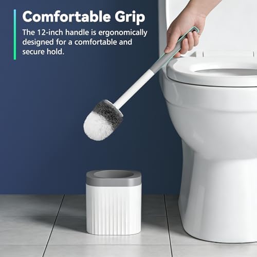 Toilet Brush, 2 Pack Compact Toilet Bowl Brush and Holder Set with Nylon Bristles Toilet Cleaner Brush Hidden Toilet Scrubber Brush for Bathroom Cleaning, Grey & White
