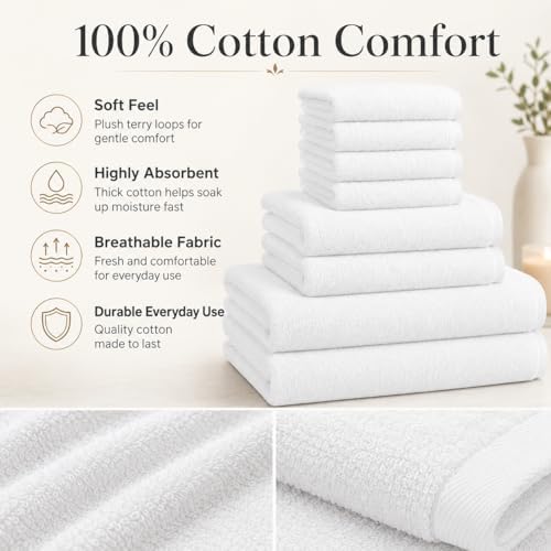 BIOLINEN White Towel Set 8 Piece Bathroom Set, 2 Bath Towels 2 Hand Towels 4 Washcloths, 100% Cotton Soft Absorbent Towel Sets for Bathroom Gym Spa