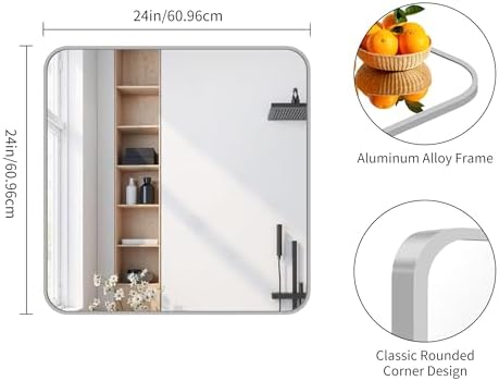 FORBATH Bathroom Mirror for Over Sink 24x24 Inch Silver, Square Wall Mirror with Metal Frame, Rounded Corners for Bathroom, Bedroom, Entryway Decor (Horizontal or Vertical)
